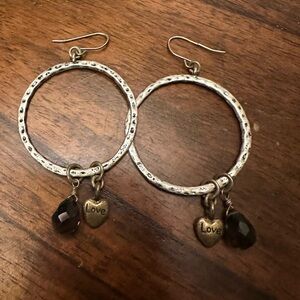 Silver Hoop Earrings with Heart Charms